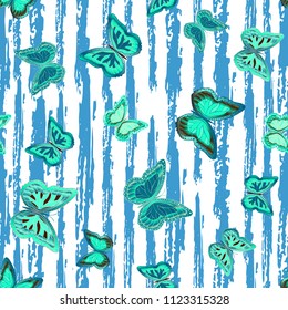 Abstract seamless pattern with flying butterflies on a background of colored stripes. The quadrangular texture of the summer. Vector illustration. Suitable for fabric, wallpaper, packaging.