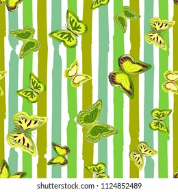 Abstract seamless pattern with flying butterflies on a background of colored stripes. The quadrangular texture of the summer. Vector illustration. Suitable for fabric, wallpaper, packaging.