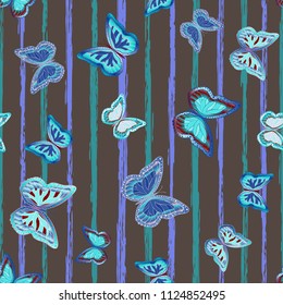 Abstract seamless pattern with flying butterflies on a background of colored stripes. The quadrangular texture of the summer. Vector illustration. Suitable for fabric, wallpaper, packaging.