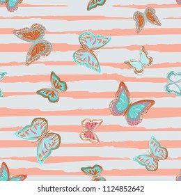 Abstract seamless pattern with flying butterflies on a background of colored stripes. The quadrangular texture of the summer. Vector illustration. Suitable for fabric, wallpaper, packaging.