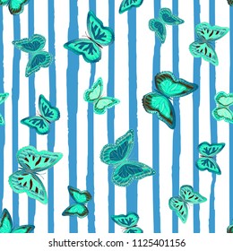 Abstract seamless pattern with flying butterflies on a background of colored stripes. The quadrangular texture of the summer. Vector illustration. Suitable for fabric, wallpaper, packaging.