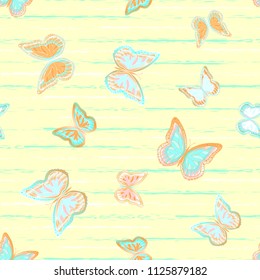 Abstract seamless pattern with flying butterflies on a background of colored stripes. The quadrangular texture of the summer. Vector illustration. Suitable for fabric, wallpaper, packaging.