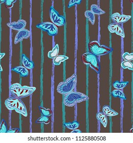 Abstract seamless pattern with flying butterflies on a background of colored stripes. The quadrangular texture of the summer. Vector illustration. Suitable for fabric, wallpaper, packaging.