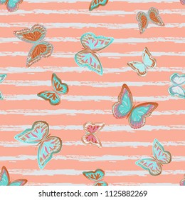 Abstract seamless pattern with flying butterflies on a background of colored stripes. The quadrangular texture of the summer. Vector illustration. Suitable for fabric, wallpaper, packaging.