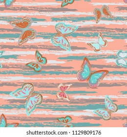 Abstract seamless pattern with flying butterflies on a background of colored stripes. The quadrangular texture of the summer. Vector illustration. Suitable for fabric, wallpaper, packaging.