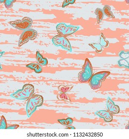 Abstract seamless pattern with flying butterflies on a background of colored stripes. The quadrangular texture of the summer. Vector illustration. Suitable for fabric, wallpaper, packaging.