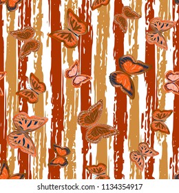 Abstract seamless pattern with flying butterflies on a background of colored stripes. The quadrangular texture of the summer. Vector illustration. Suitable for fabric, wallpaper, packaging.