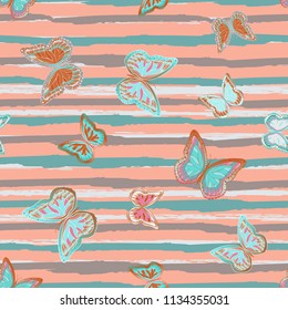Abstract seamless pattern with flying butterflies on a background of colored stripes. The quadrangular texture of the summer. Vector illustration. Suitable for fabric, wallpaper, packaging.