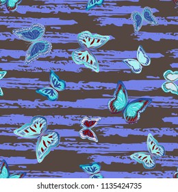 Abstract seamless pattern with flying butterflies on a background of colored stripes. The quadrangular texture of the summer. Vector illustration. Suitable for fabric, wallpaper, packaging.
