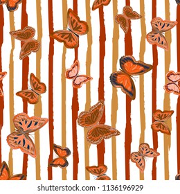 Abstract seamless pattern with flying butterflies on a background of colored stripes. The quadrangular texture of the summer. Vector illustration. Suitable for fabric, wallpaper, packaging.
