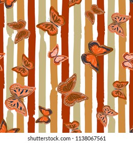 Abstract seamless pattern with flying butterflies on a background of colored stripes. The quadrangular texture of the summer. Vector illustration. Suitable for fabric, wallpaper, packaging.