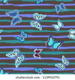 Abstract seamless pattern with flying butterflies on a background of colored stripes. The quadrangular texture of the summer. Vector illustration. Suitable for fabric, wallpaper, packaging.