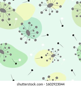 Abstract seamless pattern of flying dandelions. Background in a simple style with geometric elements.