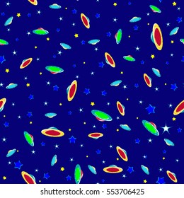 abstract seamless pattern with flying saucers, ufo, stars on a blue background vector illustration