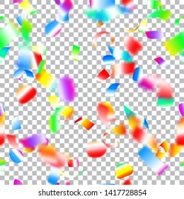 Abstract seamless pattern of flying shiny colored confetti and pieces of serpentine, isolated on transparent background