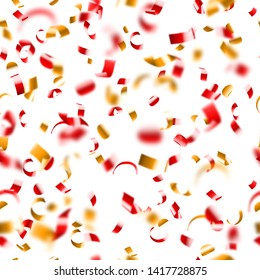 Abstract seamless pattern of flying shiny red and golden confetti and pieces of serpentine on white background