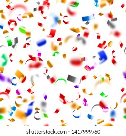 Abstract seamless pattern of flying shiny colored confetti and pieces of serpentine on white background