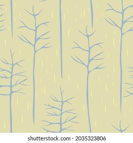 Abstract seamless pattern with foggy forest, creative blue trees on a light olive background. Landscape texture for wallpapers, covers, patterns, fabric printing, digital paper, postcards, banners