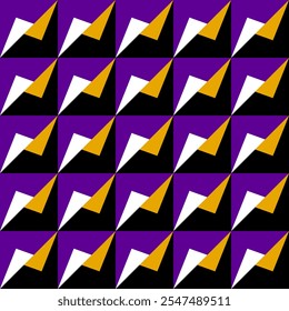 Abstract seamless pattern with folded paper-like shapes in purple, gold, and black tones. Perfect for optical illusions, gift wrap, or creative backgrounds.