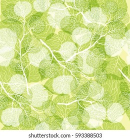 Abstract seamless pattern with foliage. Vector background in green and white colors. Natural texture.