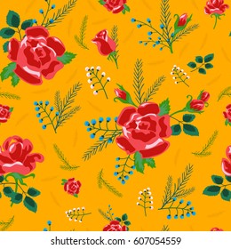 Abstract seamless pattern in folk style with colorful roses.Cute flowers and leaves on the yellow background.Summer floral vector illustration for prints,book covers,textile,fabric,wrapping gift paper