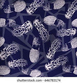 Abstract seamless pattern with footprints on the geometric background.