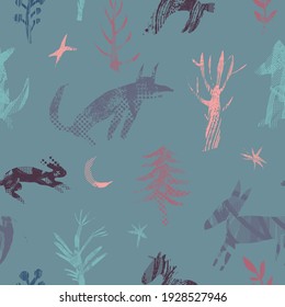 Abstract seamless pattern with forest animals. Modern vector background, trending graphic style, hand-drawn elements with natural and geometric motifs. Natural color palette.