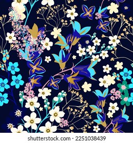 Abstract seamless pattern of forget-me-nots and bluebells. Background for creating textiles, fabrics, paper, wallpapers. Dark background. Vector illustration.