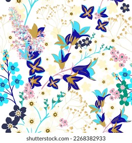Abstract seamless pattern of forget-me-nots and bluebells. Background for creating textiles, fabrics, paper, wallpapers. Dark background. Vector illustration.