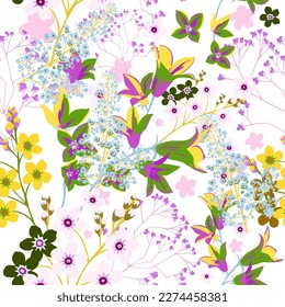 Abstract seamless pattern of forget-me-nots and bluebells. Background for creating textiles, fabrics, paper, wallpapers. Dark background. Vector illustration.