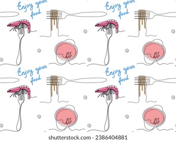 Abstract seamless pattern with forks, pasta and shrimp, restaurant,lunch,food , continuous one line art drawing