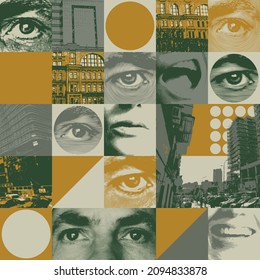 Abstraktes nahtloses Muster in Form einer Collage mit Fragmenten von urbanen Landschaften, menschlichen Augen und Mund. Geeignet für Tapete, Wickelpapier, Stoff. Wiederholter Vektorhintergrund im Retro-Stil