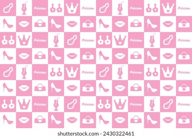 abstract seamless pattern in the form of a pink slipper, romantic lips, crown, glass. fashionable check, cute graphics in a modern style. for print, paper, Internet, social network. vector art, barbie