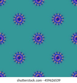 Abstract seamless pattern with fractal mandala on a blue background