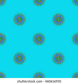 Abstract seamless pattern with fractal mandala on a light blue background