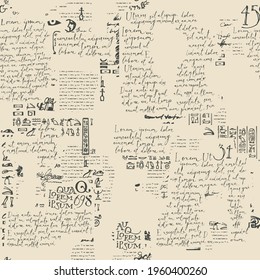 Abstract seamless pattern with fragments of handwritten text Lorem Ipsum and illegible printed text on an old paper backdrop. Creative vector background. Suitable for wallpaper, wrapping paper, fabric