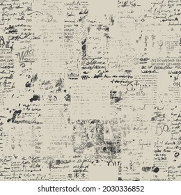 Abstract seamless pattern with fragments of illegible typescript and handwritten text, scribbles, blots on old paper. Monochrome vector background in grunge style. Wallpaper, wrapping paper or fabric