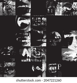 Abstract seamless pattern with fragments of illegible newspaper text, illustrations and titles on a black. Black and white vector background in grunge style. Wallpaper, wrapping paper, fabric design