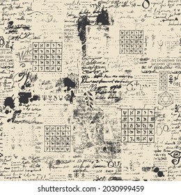 Abstract seamless pattern with fragments of typescript and Lorem Ipsum handwritten text, scribbles, blots and tables. Old paper vector background, wallpaper, wrapping paper or fabric in grunge style