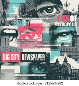 Resumen de un patrón sin fisuras con fragmentos de paisajes urbanos, ojos humanos, titulares. Antecedentes caóticos vectores sobre el tema de la vida de la ciudad en estilo moderno. Apropiado para papel de pared, papel de envoltura, tela