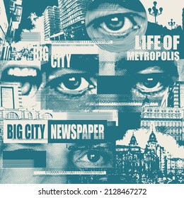 Abstract seamless pattern with fragments of urban landscapes, human eyes, headlines. Monochrome wallpaper, wrapping paper, fabric. Chaotic vector background on the theme of city life in modern style