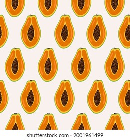 Abstract seamless pattern with fresh exotic half papaya fruit on pastel background. Organic summer fruit. Trendy vector illustration