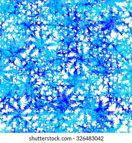 Abstract seamless pattern. Frost on the window. Snowfall. Blue snowflakes. Cold and frosty. A festive mood. Winter design. Vector illustration.