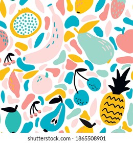 Abstract seamless pattern with fruit and berries.  Vector pattern for postcards, banners, and fabric printing. Pastel color. On white background.