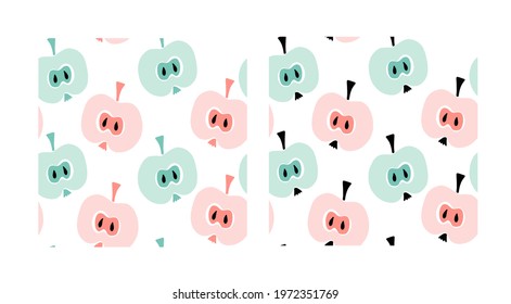 Abstract seamless pattern with fruits and apples. The hand drew the apple halves. Set of vector template for postcards, fabrics, T-shirts. Pastel color.