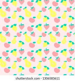 Abstract seamless pattern with fruits and berries. Hand draw texture. Vector template for cards, banners, print fabric, t-shirt. Pastel colors.