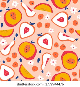 Abstract seamless pattern with fruits and berries. Hand drawn texture in vector. Design for paper, fabric, interior decor and others