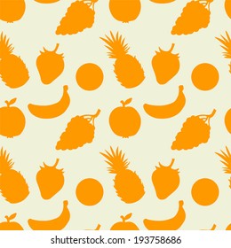 Abstract seamless pattern with fruits and berries in orange and white. Food background. Pineapple. Strawberry. Apple. Oranges. Grapes. Banana. Endless print silhouette texture. Retro style - vector 