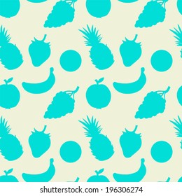 Abstract seamless pattern with fruits and berries. Summer. Food background. Pineapple. Strawberry. Apple. Oranges. Grapes. Banana. Endless print silhouette texture - vector