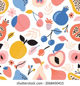 Abstract seamless pattern with fruits, berries and leaves. The hand draws the texture. Vector template for postcards, fabric, t-shirts. Delicate pastel colors. Isolated on white background.